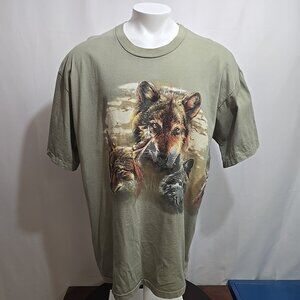 Vintage Wolf Single Stitch Tee Shirt Mens Size XXL 2XL Green Wrap Around Graphic